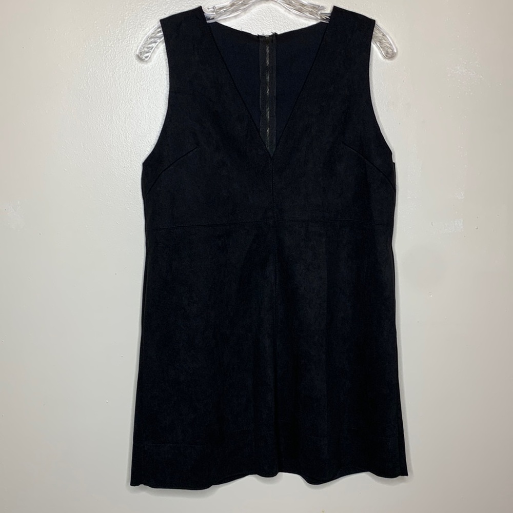 R. VIVIMOS Dress Black Pinafore Jumper Faux Suede V-Neck Exposed Back Zipper Sm